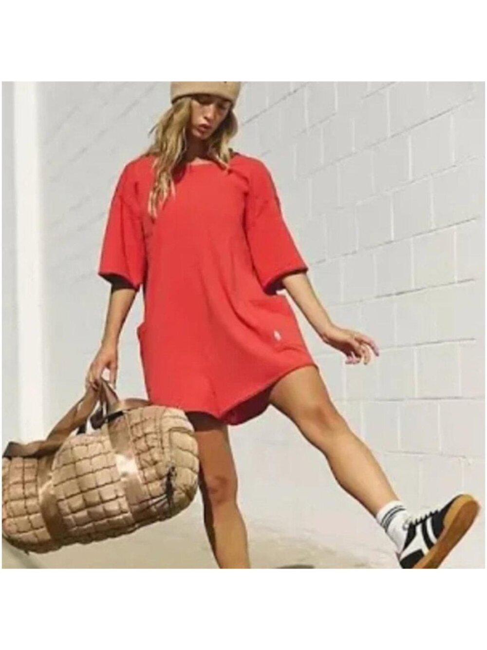 NWT FP Movement By Free People Hot Shot Tee Romper in Winter Berry Red Pink Size